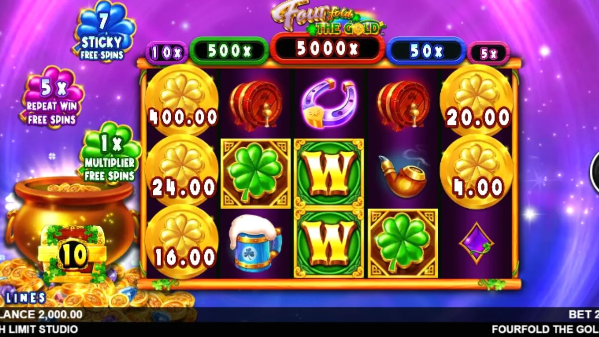 Tampilan visual slot Fourfold the Gold dengan tema luar angkasa dan leprechaun