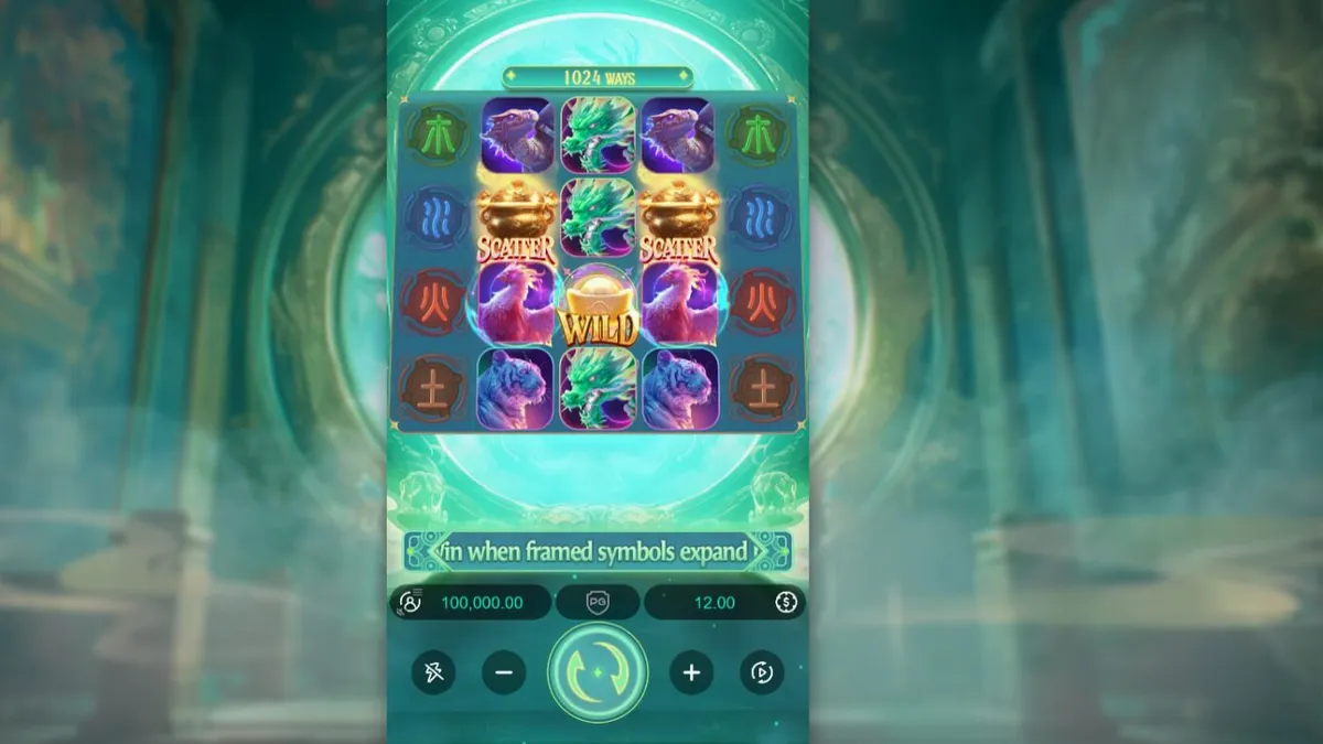 Tampilan visual slot Mythical Guardians dengan tema mitologi Tiongkok yang megah